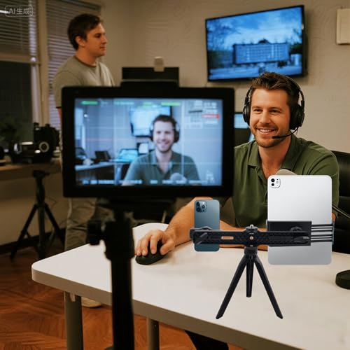 Dual Holder Smartphone and Tablet Tripod Mount Adapter, Universal 360° Rotation Adjustable Clip Stand for Vlog Live Streaming Video Recording, Compatible with 1/4'' Screws, Black - style: Phone and Tablet Holder