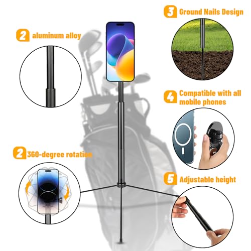 Golf Tripod & Monopod,Golf Swing Phone Holder,47.6" Magnetic Adjustable Aluminum Alloy Selfie Stick,Record Golf Swing and Training Aid,w/Spike Stake Mount,Compatible with All Phone Camera GoPro