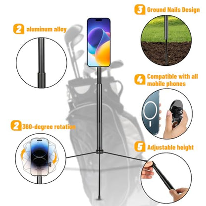 Golf Tripod & Monopod,Golf Swing Phone Holder,47.6" Magnetic Adjustable Aluminum Alloy Selfie Stick,Record Golf Swing and Training Aid,w/Spike Stake Mount,Compatible with All Phone Camera GoPro