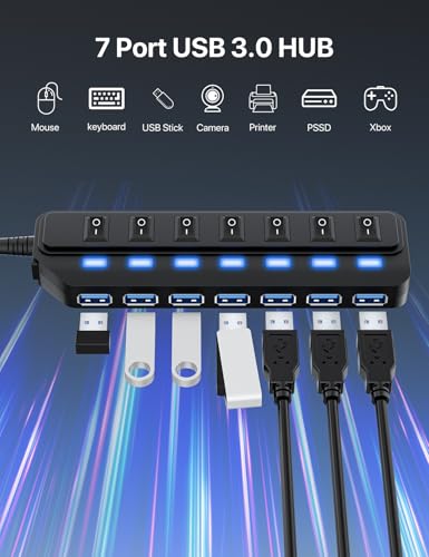 WIRWTRU USB Hub 7 Port,USB 3.0 Hub Splitter for Office,Home,School | Individual On/Off LED Switches, USB Hub for PC, 5Gbps HighSpeed Data for Laptop, Mac, PC, Desktop, PS5, Xbox