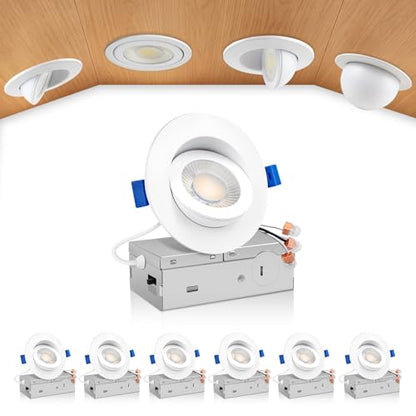 zouzai 3 Inch Gimbal LED Recessed Lights, White, 6 Pack, with Junction Box, 360°+ 90° Adjustable, 5CCT 2700K-5000K, Dimmable, Canless Eyeball Downlight, CRI90+, 800LM 7W 120V, ETL - color: White-3 inch, size: 6 Pack