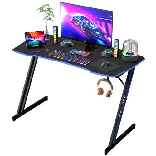 BestOffice 39" Gaming Desk Computer Gaming Desk Z Shaped Gaming Workstation Ergonomic Gaming Table with Headphone Hook for Game Players,Black&Blue - color: Black&blue, size: 39 Inch Z Shaped
