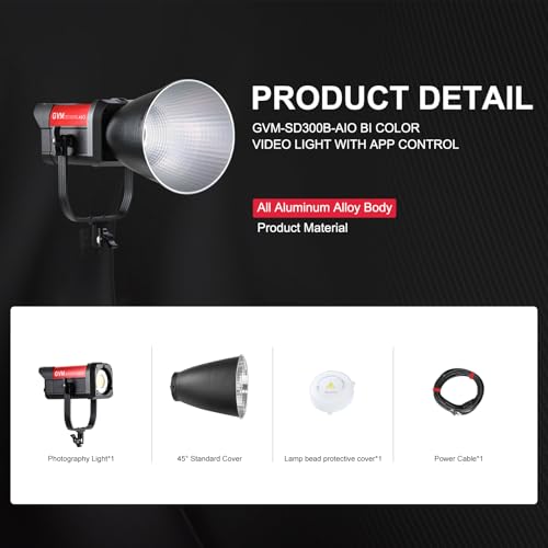 GVM 300W LED Video Light, 221950lux/1m, AIO SD300B Photography Lighting Kit with APP Control, 2700K-6800K Studio Light Continuous Lighting Kit for YouTube,Film,12 Scene Effects - size: 300W - Basic Kit