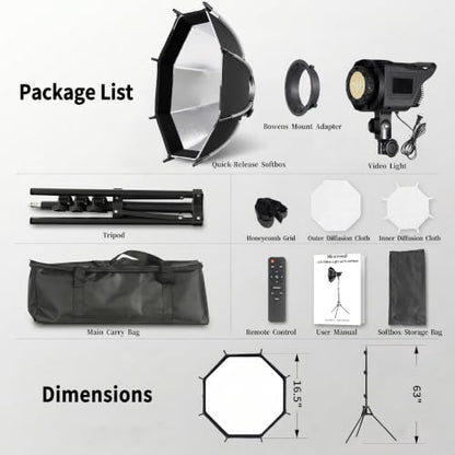 Niceveedi Softbox Lighting Kit, 2700-6500K LED Photography Lighting with 16.5” Quick-Release Softbox/Bowens Mount/Cooling System/Remote/Tripod, 90W Video Light for Video Recording/Streaming/Portraits