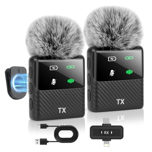Mini Wireless Lavalier Microphone for iPhone, iPad, Android Phone, Noise Reduction Plug and Play Magnetic Clip on Lapel Mic for Video Recording Podcast Vlogging