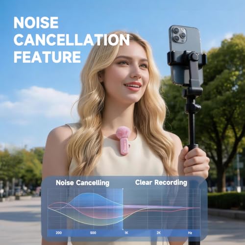 tongyu J3 Lavalier Microphone Wireless Mini Mic for iPhone Android/Tablet/PC Video Recording Clip-on Mics with DSP Noise Cancellation, Ideal for Vlog Tiktok YouTube Content Creator-Pink