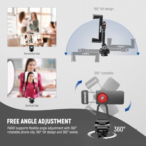 NEEWER Metal Phone Tripod Mount Adapter with Cold Shoe Base, 360° Phone Holder with 2 Cold Shoe Mount for Video Light and Mic for Vlogging, Universal Compatible with iPhone Samsung Huawei, PA001 - style: PA001