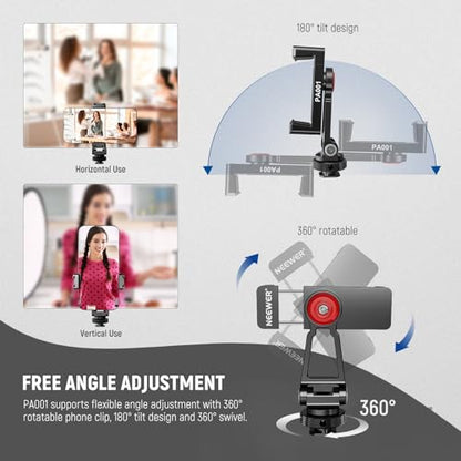 NEEWER Metal Phone Tripod Mount Adapter with Cold Shoe Base, 360° Phone Holder with 2 Cold Shoe Mount for Video Light and Mic for Vlogging, Universal Compatible with iPhone Samsung Huawei, PA001 - style: PA001