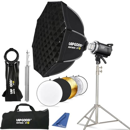 Godox MS300V 300W Studio Strobe Light Kit - 2.4G Bowens Mount With CF80 Quick Installation Softbox, Stainless Steel Stand, 5-in-1 Reflector for Photography Lighting