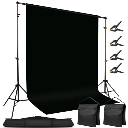 10x7ft Adjustable Photography Backdrop Stand Kit – Photo Studio Background Support with 4 Crossbars, 4 Clamps, 2 Sandbags (with 10 * 7 Feet Black Backdrop Curtain) - color: Black