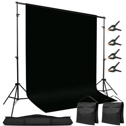 10x7ft Adjustable Photography Backdrop Stand Kit – Photo Studio Background Support with 4 Crossbars, 4 Clamps, 2 Sandbags (with 10 * 7 Feet Black Backdrop Curtain) - color: Black