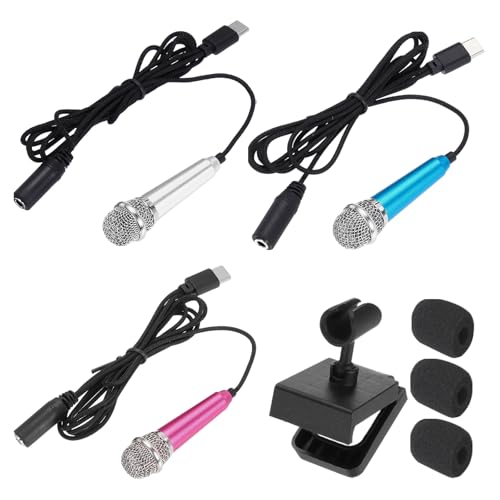 MECCANIXITY 3 Pcs Mini Microphone, Mini Mic Tiny Microphone Phone Type C Mic Small Microphone with Bracket, Sponge Cover for Record Phone Voice, Silver/Hot Pink/Blue - color: Silver/Hot Pink/Blue
