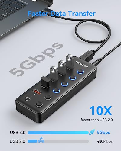 Powered USB 3.0 Hub, Wenter 6-Port USB Hub Splitter (4 Faster Data Transfer Ports+ 2Pcs 36W QC Charging Ports) with Individual LED On/Off Switches, USB Hub 3.0 Powered with Power Adapter - color: 4+1A+1C
