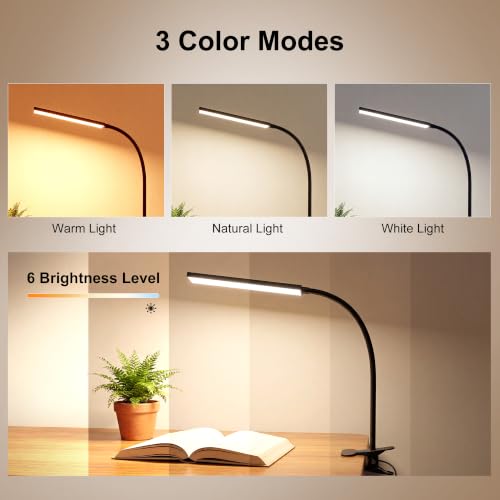 Vansuny Clip on Light LED Desk Lamp with Eye-Caring LED Light and Metal Clip, 6 Level Brightness 3 Color Modes, Power by USB Port 5W Adjustable Neck Reading Lamp for Home and Office (5W, Black) - color: Black