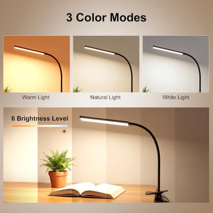 Vansuny Clip on Light LED Desk Lamp with Eye-Caring LED Light and Metal Clip, 6 Level Brightness 3 Color Modes, Power by USB Port 5W Adjustable Neck Reading Lamp for Home and Office (5W, Black) - color: Black