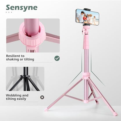 SENSYNE 72" Phone Tripod & Selfie Stick, Extendable Cell Phone Tripod Stand with Wireless Remote and Phone Holder, Compatible with iPhone Android Phone, Camera, Pink - color: Pink, size: 72-inch