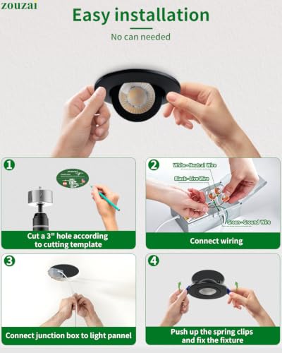 zouzai 3 Inch Gimbal LED Recessed Lights, Black, 6 Pack, with Junction Box, 360°+ 90° Adjustable, 5CCT 2700K-5000K, Dimmable, Canless Eyeball Downlight, CRI90+, 800LM 7W 120V, ETL - color: Black-3 inch, size: 6 Pack