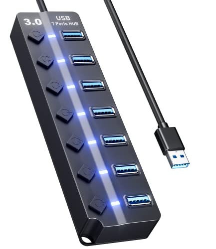 USB Hub 3.0, Eanetf 7 Port USB hub with LED Individual On/Off Switches and Extended Long Cable for MacBook, Mac Pro, Mac mini, iMac, Surface Pro, XPS, PC - 4ft