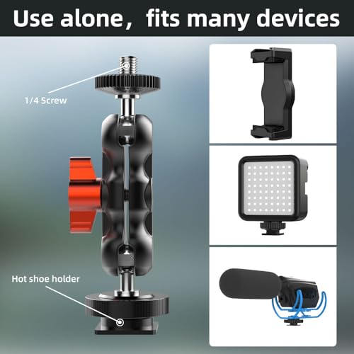 SOH Hot/Cold Shoe Phone Mount Holder, Universal 2 Ball Head Smartphone Mount Adapter, Cold Shoe Phone Clip Mount for iPhone 17/16/15, DSLR Camera LCD Camera Cage Flash LED Light Microphone and More - color: BLACK&RED