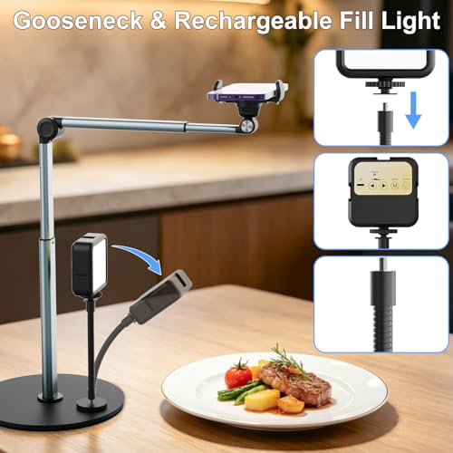 Overhead Phone Mount with Rechargeable & Gooseneck Light for Cooking Videos, Adjustable Desk Stand for Content Creators, Tripod for Hands-Free Video Recording, Compatible with Smart Phones