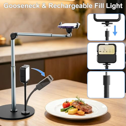 Overhead Phone Mount with Rechargeable & Gooseneck Light for Cooking Videos, Adjustable Desk Stand for Content Creators, Tripod for Hands-Free Video Recording, Compatible with Smart Phones
