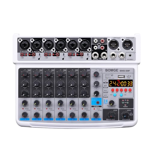BOMGE 8 channel mini audio mixer Line Mixer,DC 5V,with MP3 Player,Bluetooth, U disk 48V,24DSP effects, USB recording Ideal for Small Clubs or Bars, Studio Recording (8 channels-WHITE)