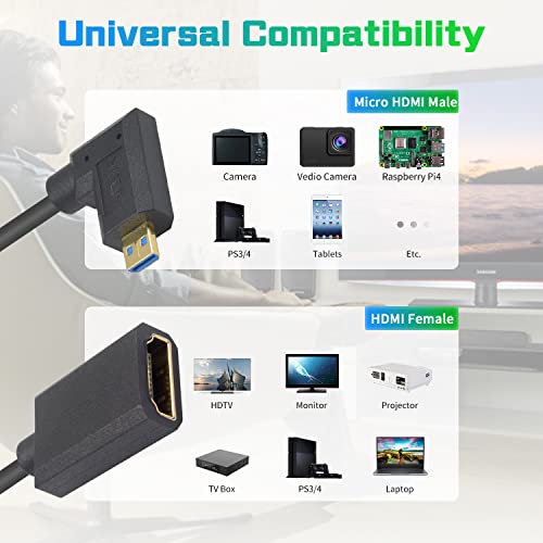 Duttek 8K Right Angle HDMI to Micro HDMI Cable, 48Gbps Extreme Thin Micro HDMI to HDMI Extension Cable, Male to Female Support 8K@60Hz for Laptops, Cameras, Raspberry Pi 5 4 3.3FT/1M - style: Right Angle Micro HDMI Male to HDMI Female
