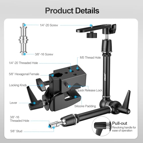 EMART 20" Heavy Duty Magic Arm Camera Mount with Super Clamp and Platform, Camera Mounts & Clamps with 360° Dual Ball Head, 1/4" & 3/8" Screw and 5/8" Stud Adapter for Flash/LED Light, Monitor,Softbox