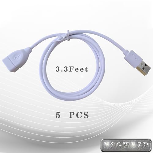 5-Pack White USB Extension Cord Bulk, Male to Female, 3.3 FT USB-A 2.0 Extender Cable