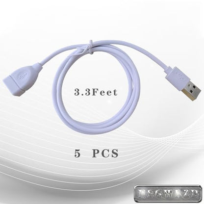 5-Pack White USB Extension Cord Bulk, Male to Female, 3.3 FT USB-A 2.0 Extender Cable