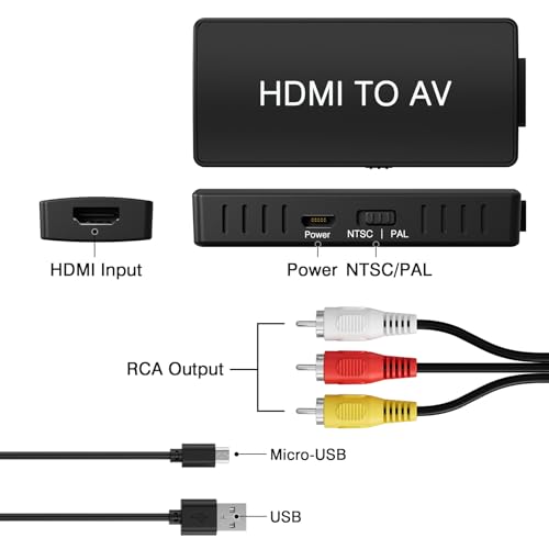 HDMI to RCA Converter, HDMI to AV 3RCA CVBs Composite Video Audio Converter Adapter for Old TV Compatible PAL/NTSC for Roku, Android TV Box, DVD ect - color: black