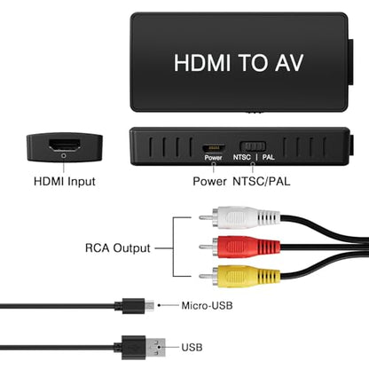 HDMI to RCA Converter, HDMI to AV 3RCA CVBs Composite Video Audio Converter Adapter for Old TV Compatible PAL/NTSC for Roku, Android TV Box, DVD ect - color: black