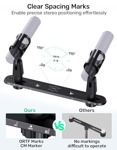 Stereo Array Spacing Microphone Bar Holder, Dual Mic Stand, Heavy-Duty Aluminum with Ruled Markings, Holds 2 Mics - X-Y and ORTF Mic T-Bar Bracket, Fits 3/8" 1/4" and 5/8" Mic Stands