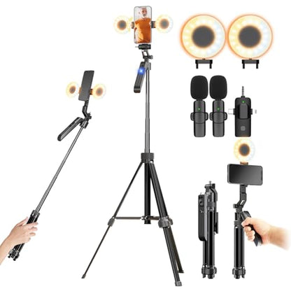 Auto Face Tracking Tripod Vlogging Kit for iPhone and Android Phone with Dual Lights/Dual Wireless Microphone/Multi-Function Remote,Expandable YouTube Starter Kit Content Creator Essentials