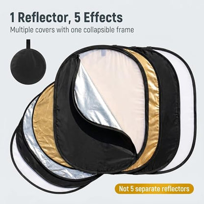 24" x36”(60x90cm) 5-in-1 Oval Foldable Reflector with Carrying Bag, Portable for Studio/Macro Photography - Translucent, Silver, Gold, White and Black