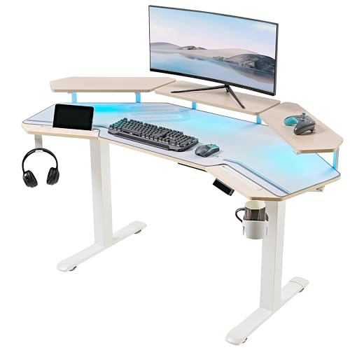 EUREKA ERGONOMIC Standing Desk,63" Electric Adjustable Height Computer Desk,Wing Shaped Music Studio Desk, LED Monitor Stands, Dual Motor&Slot, Maple - color: Maple, size: 63"W x 48"H-Adjustable