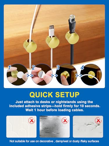 3 Pack Upgraded Cord Management Clips with Extra-Large Adhesive Base, Stronger Hold Phone Charger Holder for Nightstand, Premium Aluminum Gold Sticky USB Wire Organizer Cable Clips for Desk