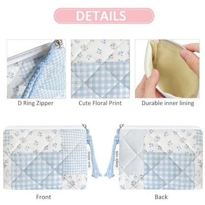 Cotton Quilted Floral Coin Purse Digital Camera Pouch with Cute Prints Zipper for Women Girls (BLUE PATCH) - color: BLUE PATCH