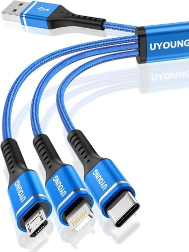 Short Multi Charging Cable 1FT 2Pack 3 in 1 Charger Cord Braided Universal Phone Cords with Lightning/Type C/Micro USB Connectors, Multiple USB Cable for iPhone/Samsung/Google Phones and More - color: Blue, size: 1FT, style: USB A to Multiple Connectors