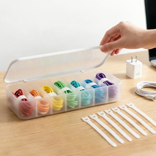 Cable Organizer Box with 7 Wire Ties, 1 Pack Desktop Cord Management Storage Case with Lid, 7 Compartments for Chargers Cables for Office Home Desk Accessories Cords (White) - size: 1pack
