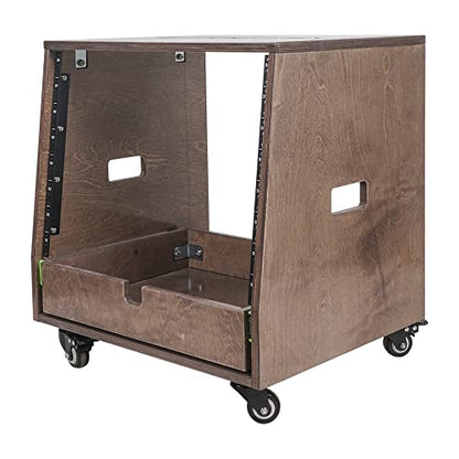 Sound Town 8U DIY Solid Baltic Birch Plywood Slanted Studio Rack with 8U Rack Space, Extra 2U Drawer, Rubber Feet, Casters, Weathered Brown (SDRK-8TBD2) - size: 8U, Weathered Brown, Slanted w/ Drawer
