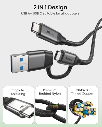 Silkland 2 in 1 USB A to USB C Data Cable 10Gbps, USB C to USB C 3.2 GEN 2x2 20Gbps Data Transfer, 15W/240W Fast Charging, USBC Monitor Video Cable for iPhone 17/16, Samsung S24/23, Macbook/iPad 6.6FT - size: 6.6 Feet