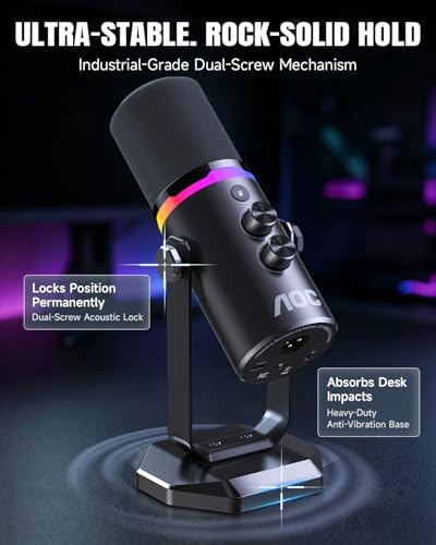 AOC USB/XLR Dynamic Microphone for PC Gaming & Podcasting, Dual-Mode Studio Streaming Mic with RGB Light, Quick Mute, Volume/Gain Control Knob, Heavy-Duty Desk Stand, Type-C & XLR Cables Included