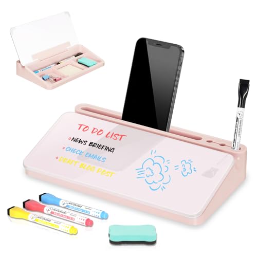 DOLLAR BOSS 12''x7'' Glass Desktop Whiteboard Small Dry Erase Board with Storage Drawer Computer Keyboard Stand Desk Organizer Office Accessories School Supplies with 4 Markers, Pink - color: Pink-pink Box, size: 12''x7''