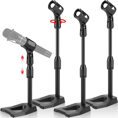 Hicarer 4 Pcs Desktop Mic Stand Height and Angels Adjustable for Diameter Max 1.18" Tabletop Mic Stand Microphone Desk Stands Metal U Shape Weighted Base for Podiums, Meeting Rooms(Black)