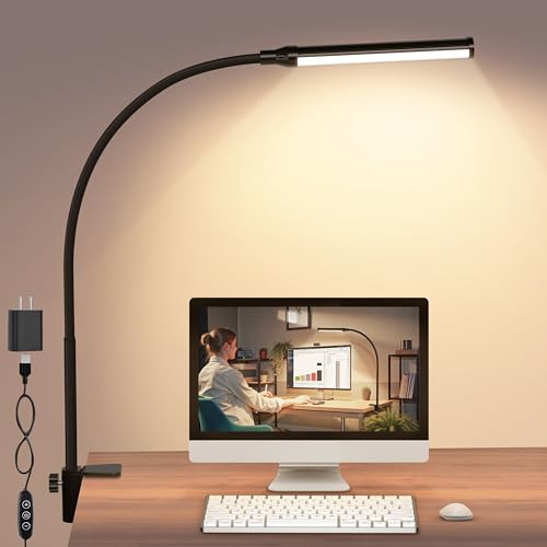 ShineTech LED Desk Lamp with Clamp, Clip On Desk Lamp for Home Office, 3000K Warm White & 11 Brightness Level, Flexible Gooseneck Architect Desk Light, Eye Caring Reading Lamp with USB Adapter - color: 3000K- Warm White