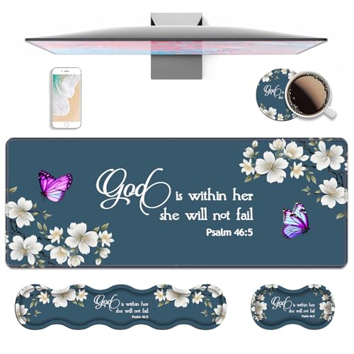 4 in 1 Ergonomic Keyboard Wrist Rest & Mouse Pad Wrist Rest Set,Large XXL Gaming Desk Mat 31.5"x 11.8" with Non-Slip Base,Memory Foam for Home Office Study Gaming,Floral Quote Bible Verse Psalm 46:5 - color: Floral Quote Bible Verse Psalm 46:5