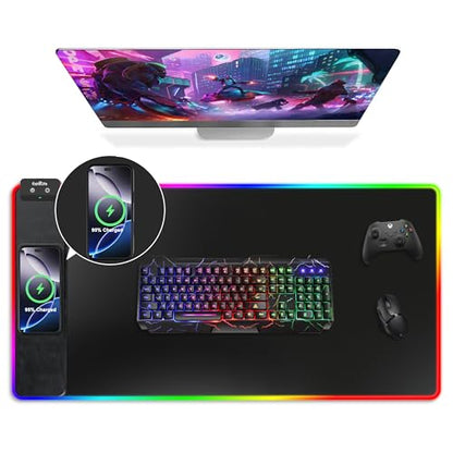 Mouse Pad with Wireless Charging, RGB Gaming Mousepad, Large Desk Mat with Ultra-Smooth Surface, Non-Slip Mouse Mat, Waterproof Computer Keyboard Pad for Gaming, Desk, Office, PC, 800x400x4MM, Black - color: Black-rgb+wireles Charging