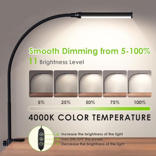 ShineTech LED Desk Lamp with Clamp, Clip On Desk Lamp for Home Office, 4000K Natural White & 11 Brightness Level, Flexible Gooseneck Architect Desk Light, Eye Caring Reading Lamp with USB Adapter - color: 4000K- Cool White