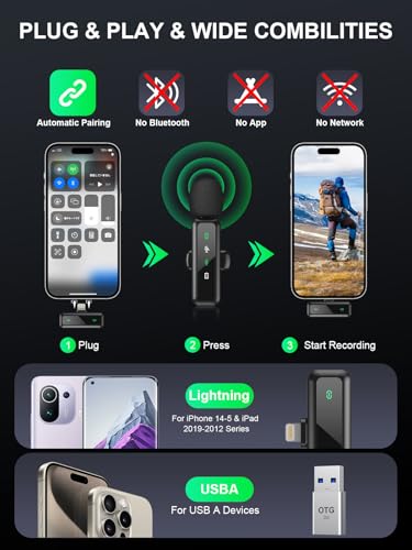 BILIWAL Wireless Lavalier Microphone, Noise Cancelling Lapel Recording Entry-Level 2 Pack Mics, Lightning Port for iPhone 5-14 Series - style: Lightning RX Mic